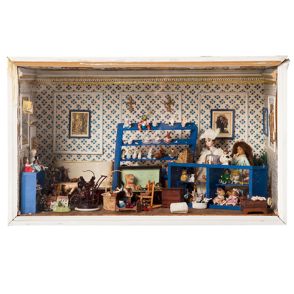 Appraisal: Miniature Doll Room Diorama Includes Miniature toys dolls and furniture