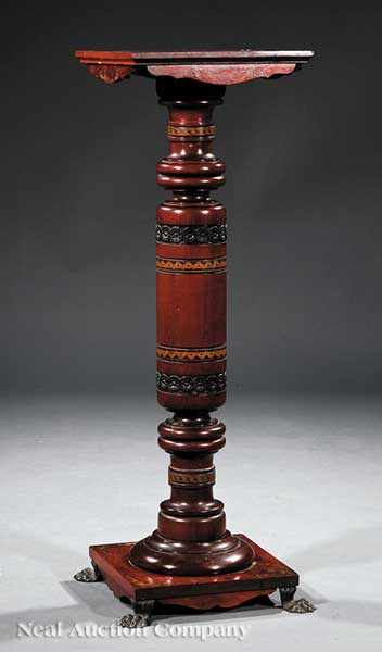 Appraisal: An American Aesthetic Carved Inlaid Ebonized and Painted Mahogany Pedestal