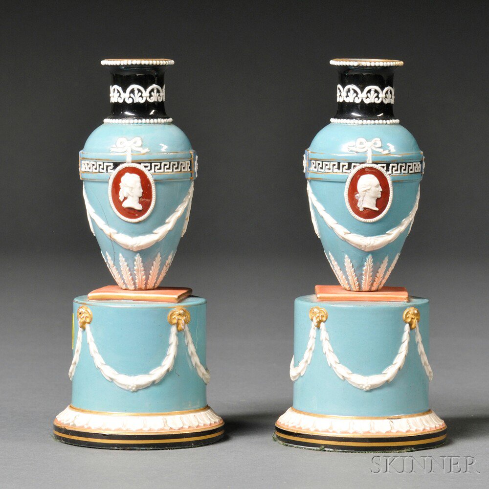 Appraisal: Pair of Neoclassical Cameo-decorated Urns reportedly Wedgwood England early th