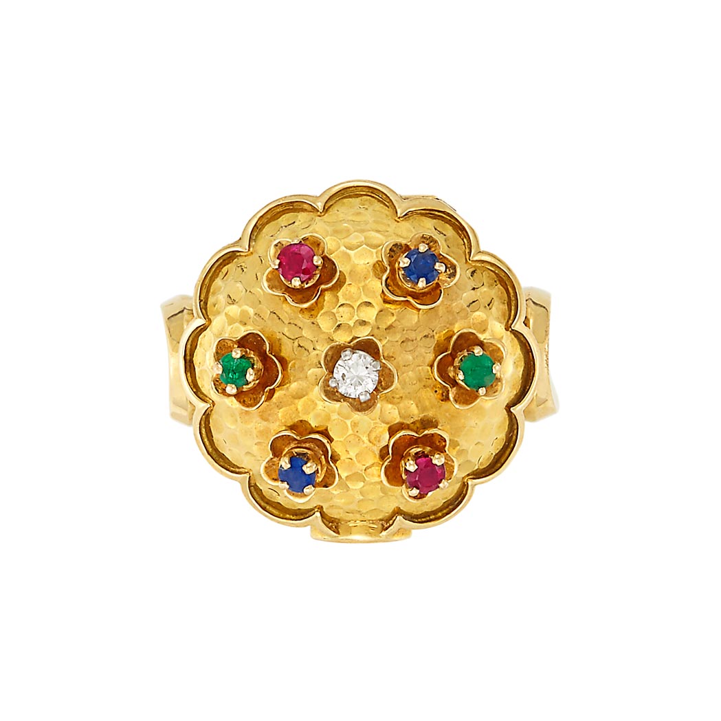 Appraisal: Gold Diamond Ruby Sapphire and Emerald Ring-Watch kt mechanical dia