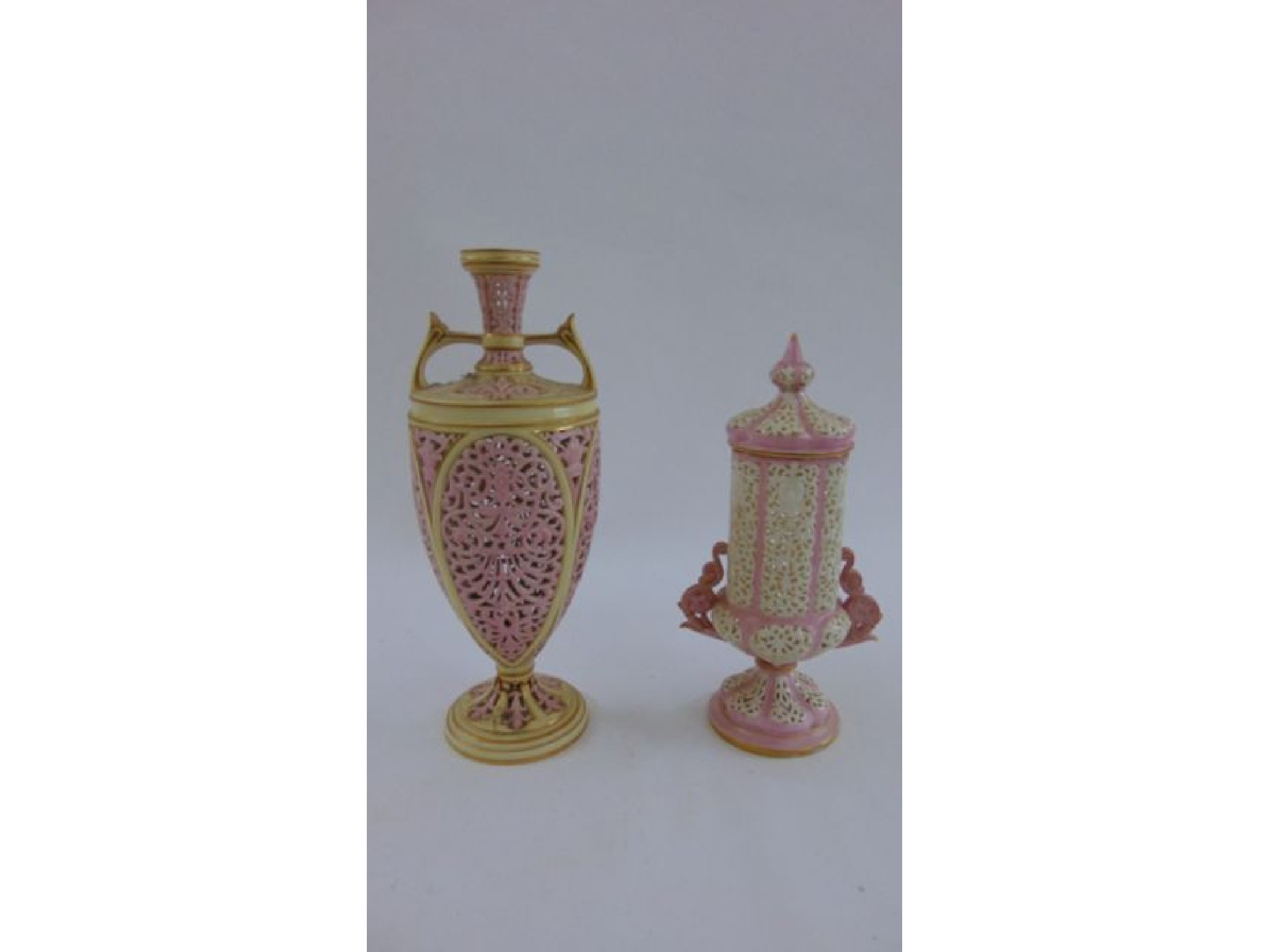 Appraisal: Two Graingers Worcester reticulated vases in a white and pink