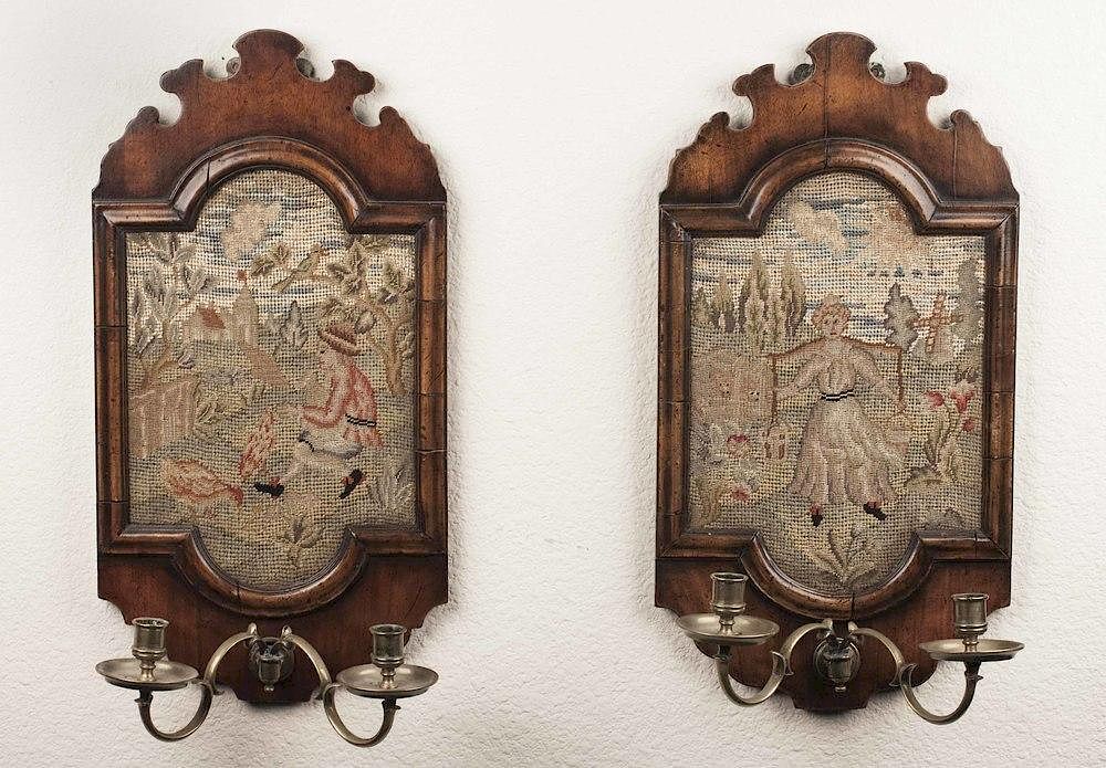 Appraisal: Pair of Antique Framed Needlework Sconces Pair of antique English