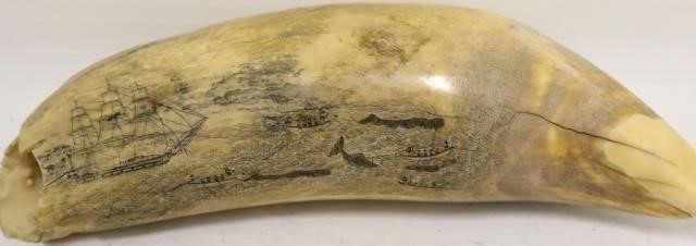 Appraisal: MID- TH C SCRIMSHAW WHALE TOOTH DEPICTING AWHALING SCENE SHOWING