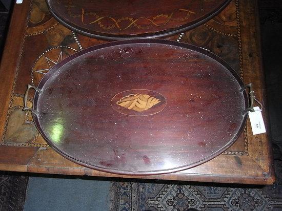 Appraisal: AN EDWARDIAN MAHOGANY AND INLAID OVAL TEA TRAY with conche