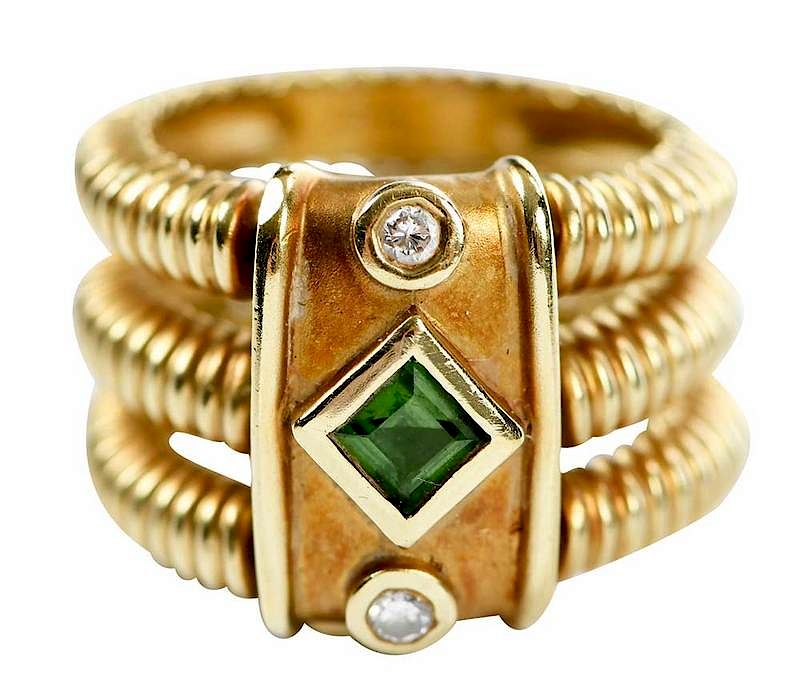 Appraisal: kt Gemstone and Diamond Ring one square cut green tourmaline