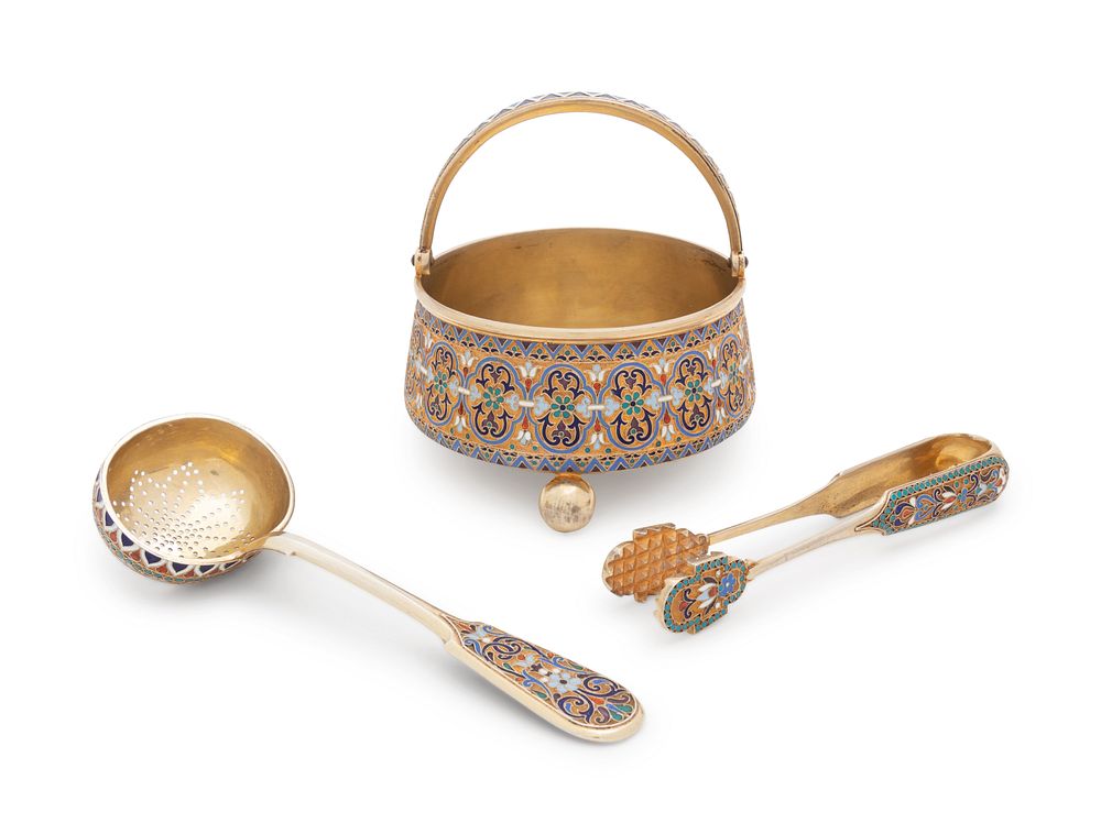 Appraisal: A Russian Silver-Gilt and Enameled Sugar Bowl Tongs and Scoop