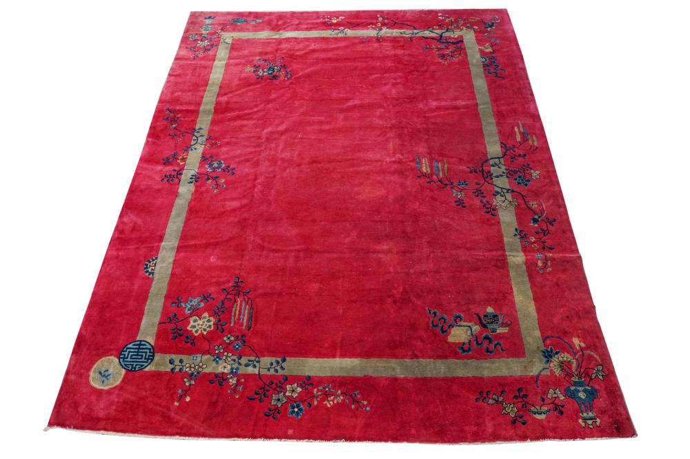 Appraisal: CHINESE ART DECO CARPETwool with red field Condition areas of