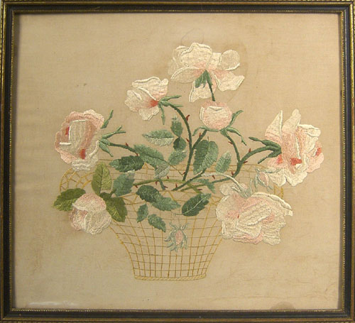 Appraisal: Silk on linen basket of flowers th c x