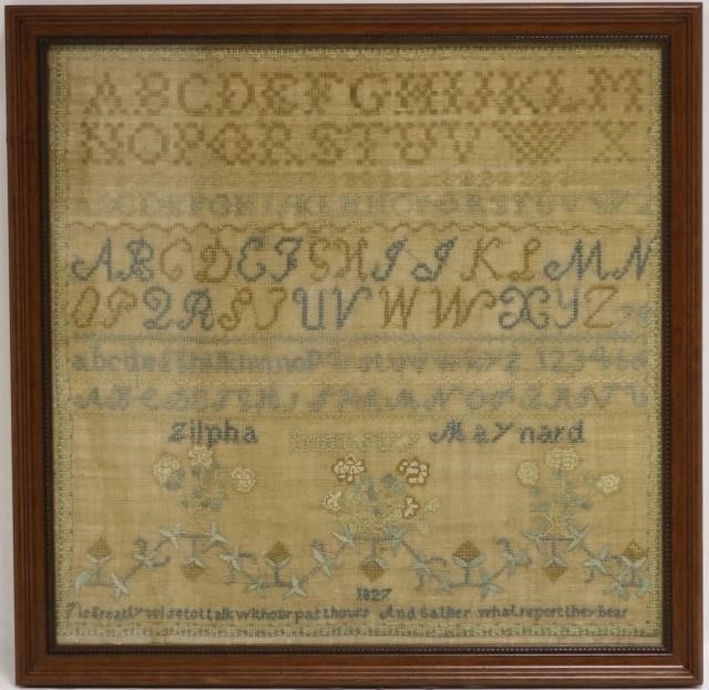 Appraisal: AMERICAN NEEDLEWORK SCHOOLGIRL SAMPLER BY ZIPHAMAYNARD WITH ALPHABETS GEOMETRIC FLORAL