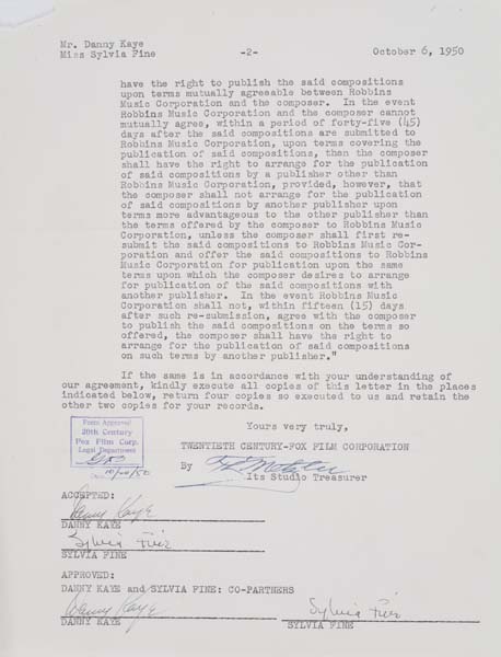 Appraisal: DANNY KAYE and SYLVIA FINE Typed letter signed twice by