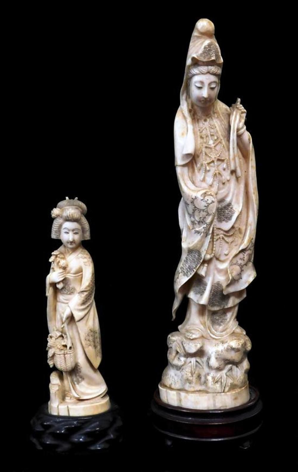 Appraisal: Two ivory carvings Japanese th th C the larger depicting