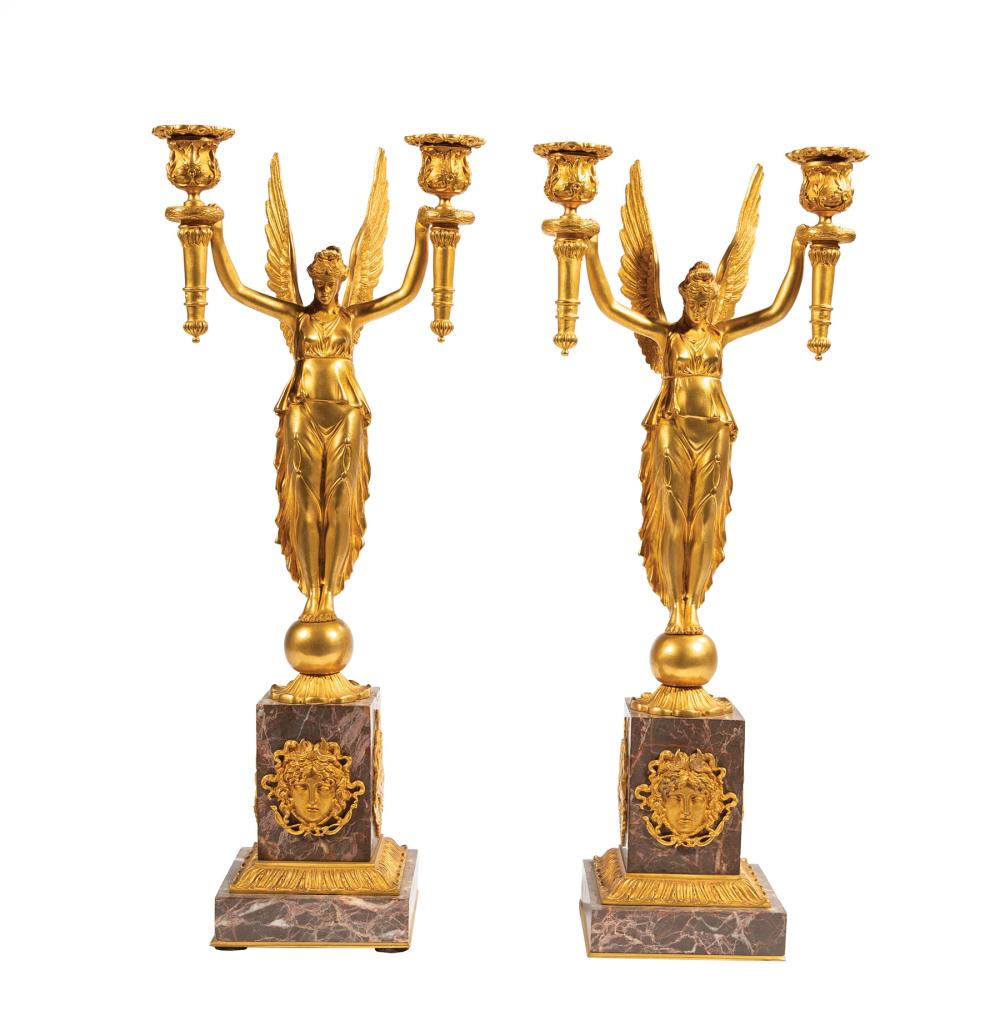 Appraisal: Pair of Empire-Style Gilt Bronze and Marble Two-Light Winged Victory