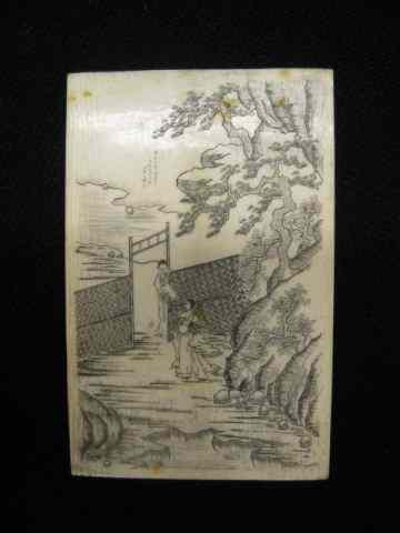 Appraisal: Chinese Ivory Calligraphy Plaque landscape with lady on one side