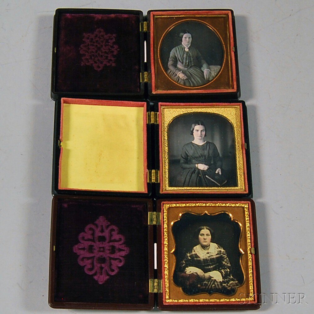 Appraisal: Three Sixth-plate Daguerreotype Portraits of Young Women one holding a