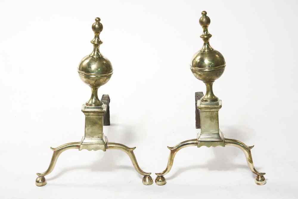 Appraisal: ANDIRONS - Pair of th c ball top brass andirons