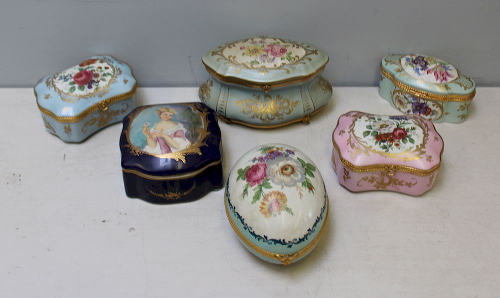 Appraisal: Limoges Porcelain Boxes Grouping of Five and One Capodimonte egg