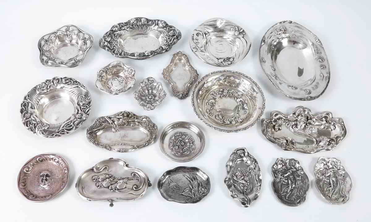 Appraisal: ART NOUVEAU STERLING TRAYS To include Alvin with figural women's