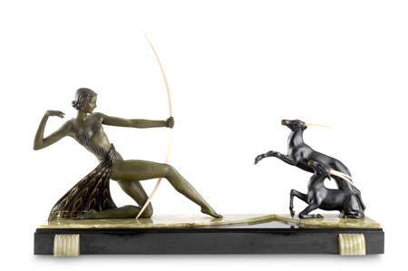 Appraisal: FRENCH ART DECO FIGURE GROUP S patinated spelter bronze ivory