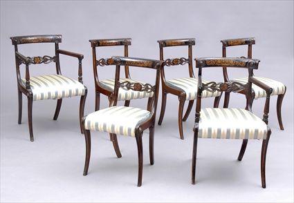 Appraisal: SET OF SIX REGENCY FRUITWOOD-INLAID OAK DINING CHAIRS Including armchairs