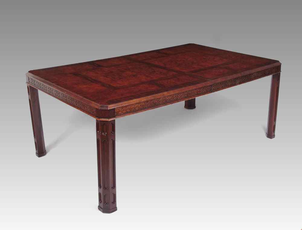 Appraisal: BURL WALNUT CHINESE CHIPPENDALE STYLE DINING TABLE And three leaves