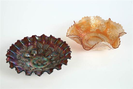 Appraisal: TWO CARNIVAL GLASS BOWLS One Northwood Three Fruits in Amethyst