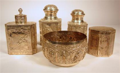 Appraisal: Four Continental silver boxesComprising three repousse worked boxes with pull-off