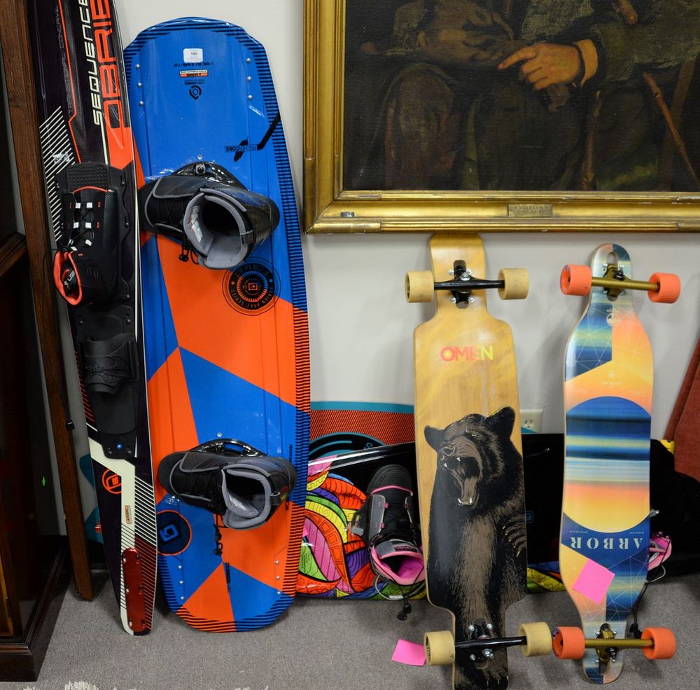 Appraisal: Group of sporting gear slalom skis two wakeboards two long