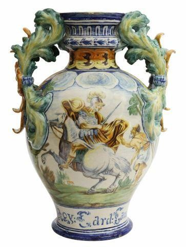 Appraisal: Italian majolica urn polychrome tin glazed decoration with foliated and