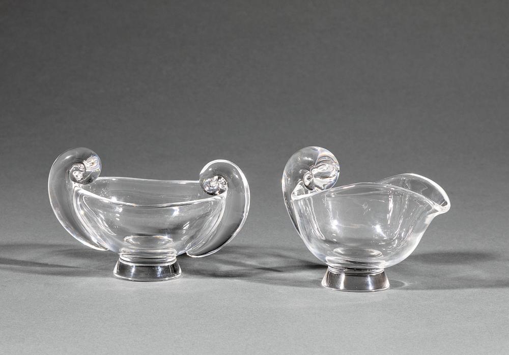 Appraisal: Vintage Steuben Glass Snail-Scroll Sugar Bowl and Creamer etched marks