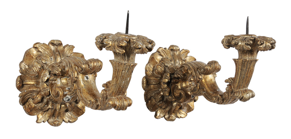 Appraisal: Fine Pair Baroque Carved and Gilt Wood Sconces Italian probably