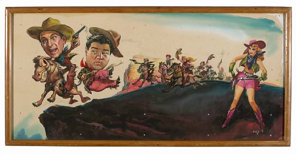 Appraisal: An Abbott and Costello-themed painting possibly from Ride 'Em Cowboy