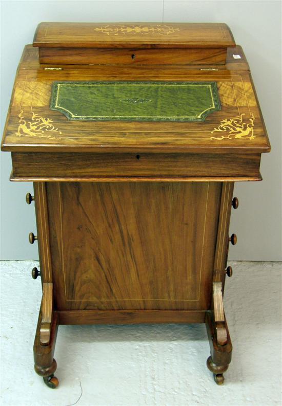 Appraisal: th century mahogany and fruitwood inlaid davenport h w d