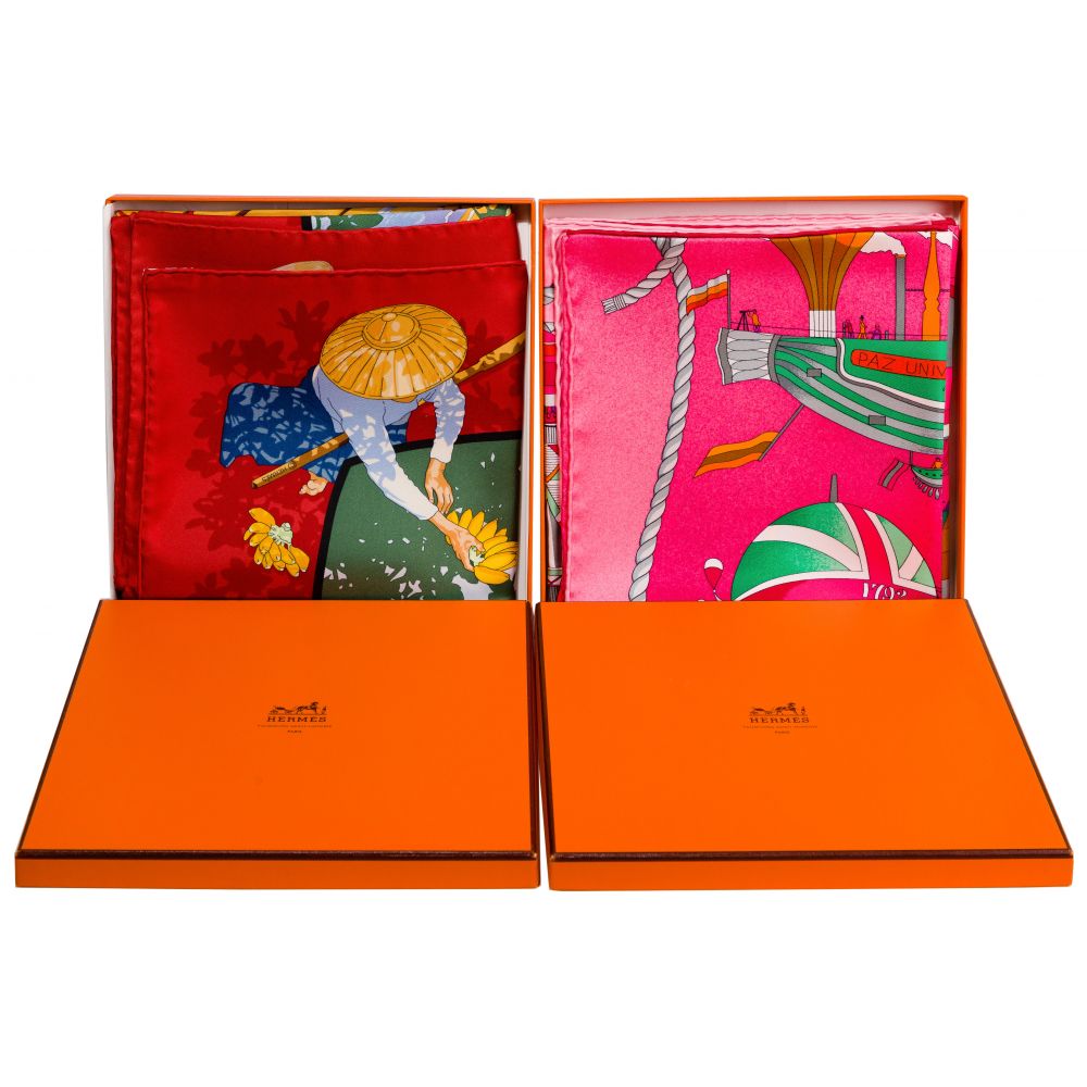 Appraisal: HERMES SCARVES items including Marche Flottant Lac Inle and Les