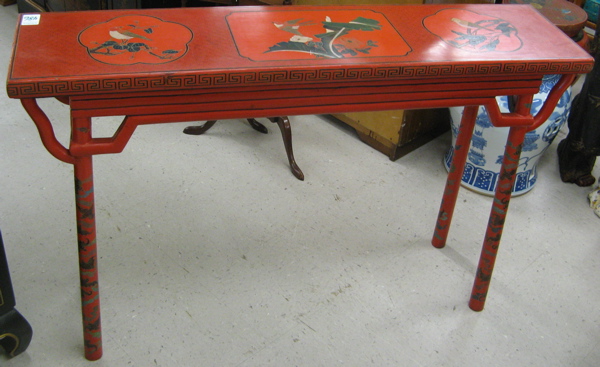 Appraisal: CHINESE ALTAR TABLE AND DRUM STOOL with matching polychrome floral