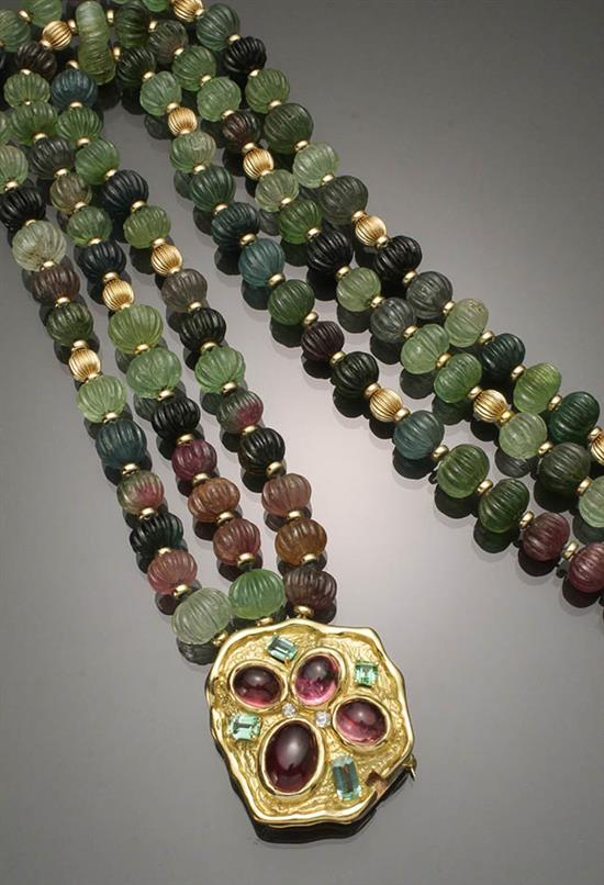 Appraisal: Choker Length -Karat Yellow-Gold Tourmaline Necklace The triple strand having