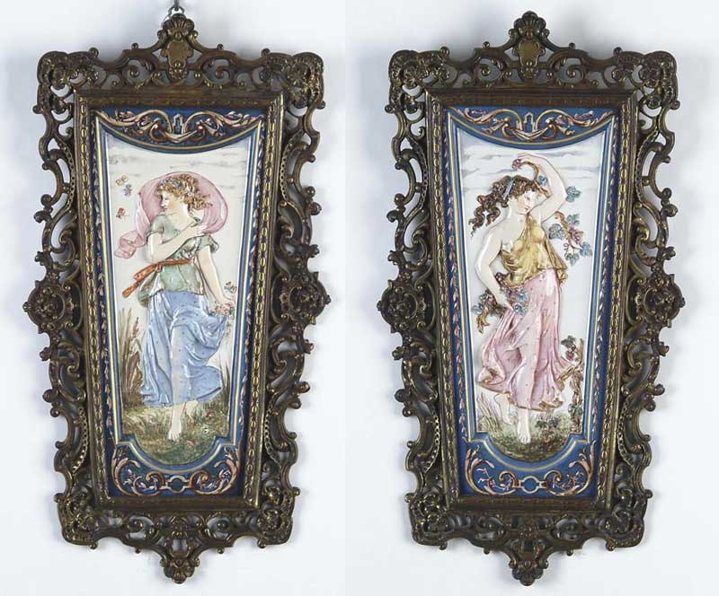 Appraisal: FINE PAIR OF BRASS FRAMED MAJOLICA PLAQUES Trapezoid shaped plaques