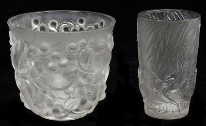 Appraisal: TWO LALIQUE MOLDED GLASS VASES COQS ET PLUMES AND AVALON