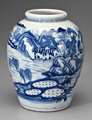 Appraisal: Chinese blue and white jar coastal village scene late th