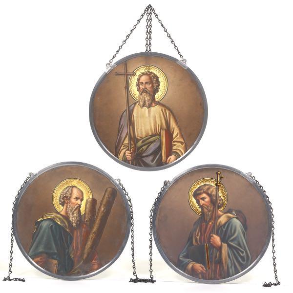 Appraisal: THREE STAINED GLASS CHURCH WINDOW PANELS diameter each Three circular