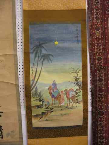 Appraisal: Chinese Handpainted Scrollwise men with camels following the star signed