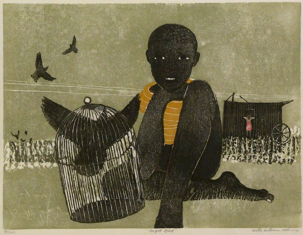 Appraisal: WALTER WILLIAMS AFRICAN AMERICAN - Woodcut Caged Bird Signed and