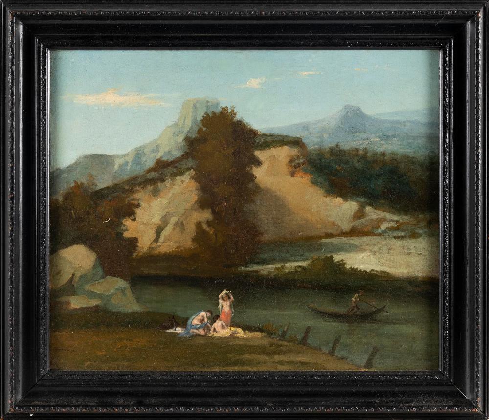 Appraisal: FRENCH SCHOOL TH CENTURY NUDE FIGURES ON THE RIVERBANK OIL