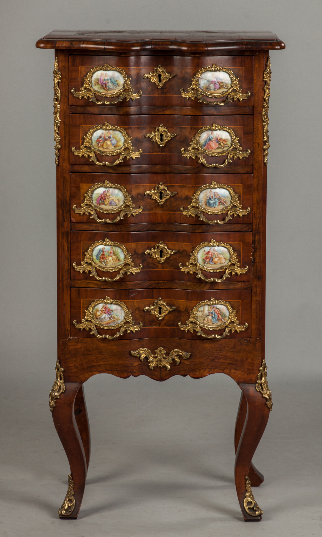 Appraisal: French Burl Wood Serpentine Front Diminutive Cabinet th century Gilt