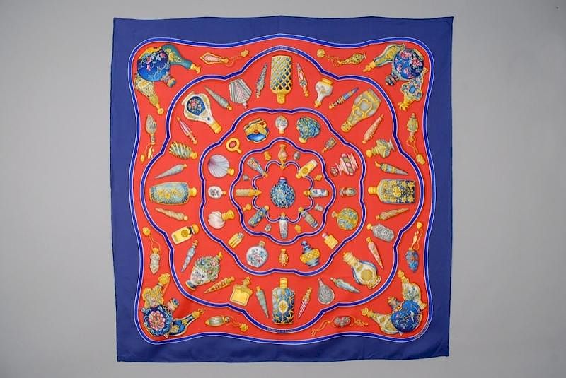 Appraisal: HERMES QU'IMPORTE le FLACONS SCARF ISSUE DATE Printed silk depicting