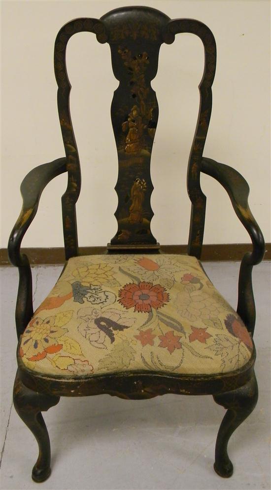 Appraisal: Chinoiserie decorated open armchair shaped slat shaped skirt cabriole legs