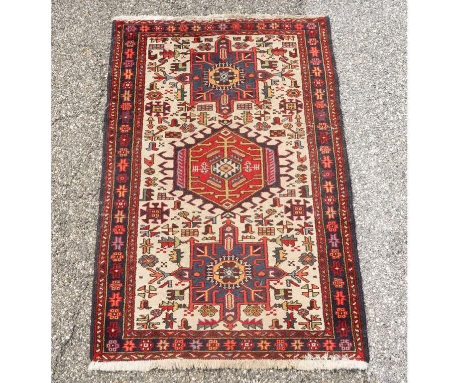 Appraisal: Persian Kazak style throw mat with three center medallions '