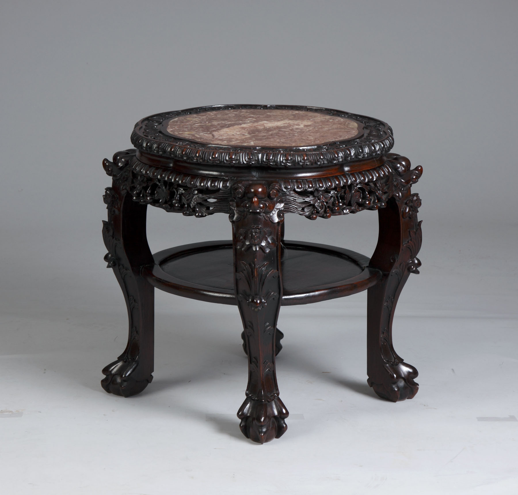 Appraisal: Chinese Carved Teakwood Stand w Inset Marble Top Late th