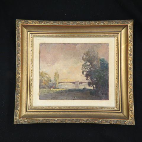 Appraisal: Impressionist Oil Painting landscape with figures bridges signed illegible image