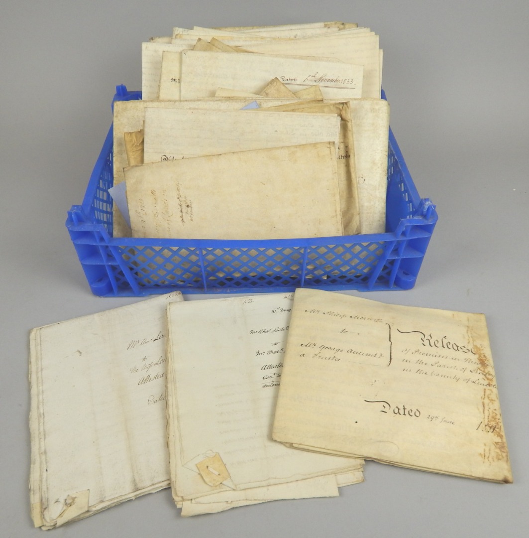 Appraisal: A quantity of velum indentures to include Deeds of Covenant