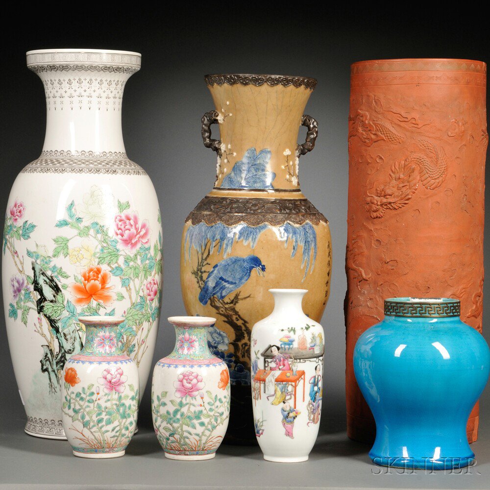 Appraisal: Five Vases China a pair of famille rose vases with